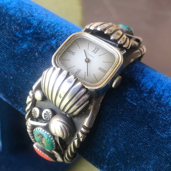 DF 925 Sterling Silver Ladies Native American Cuff Bracelet Style Watch EUC
